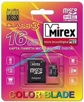 Флеш карта Mirex microSDHC с адаптером 16 GB (class 10) 