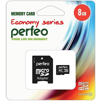 Флеш карта Perfeo micro SDHC 8Gb class10 с адаптером Economy 
